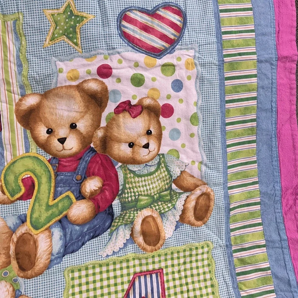 Vtg Handmade‎ Baby Quilt Blue Jean Teddy Animals Numbers Nursery Blanket 44x36